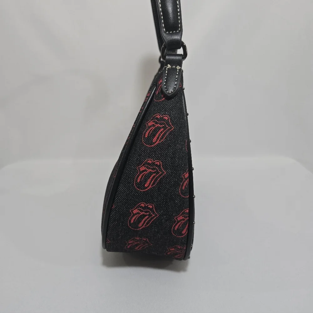 The Rolling Stones All-Over Tongue Logo Black Denim Small Hobo Bag